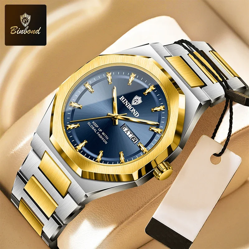 

BINBOND модные трендовые мужские кварцевые часы с ремешком из нержавеющей стали, водонепроницаемые повседневные часы, деловые спортивные мужские часы с двойным календарем