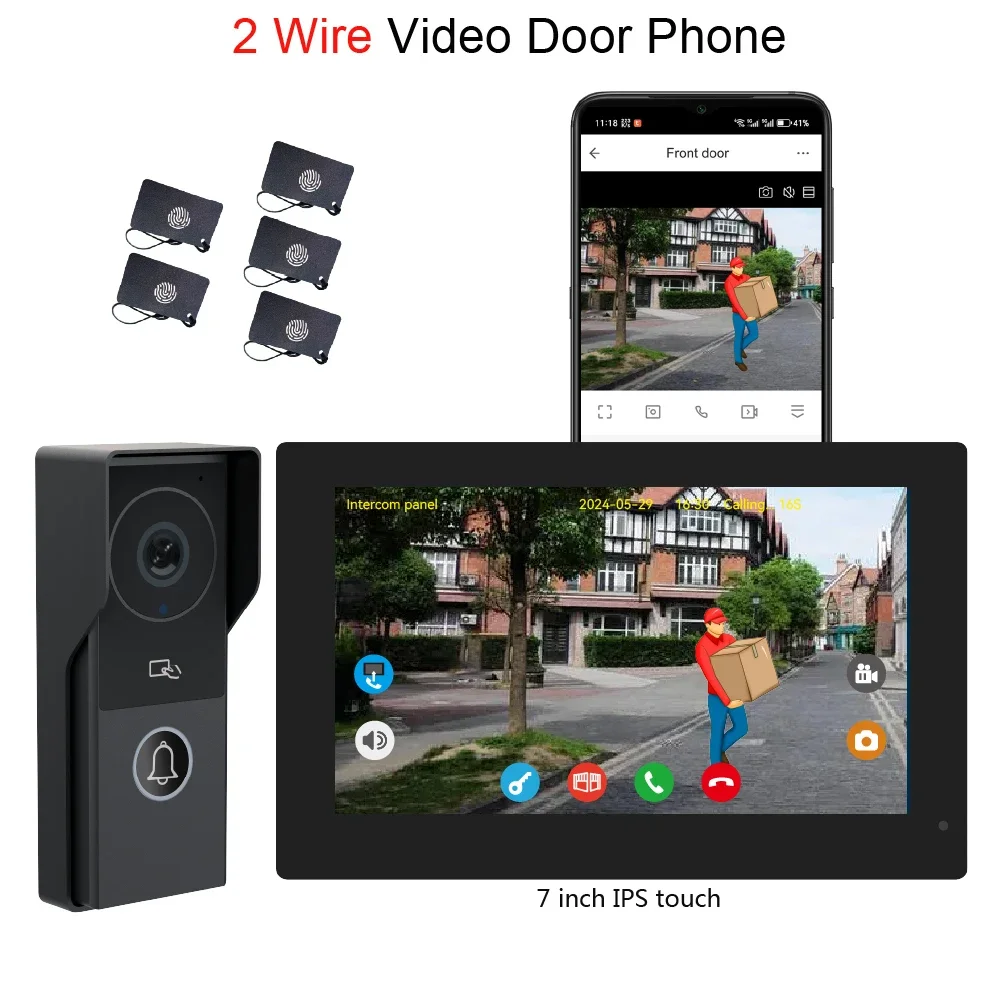 1Set 2Pin Cable Wire Video Door Phone System 7/10" IPS Touch Screen 2MP Camera 2.4G WiFi Smart Life APP Push Message IC Card