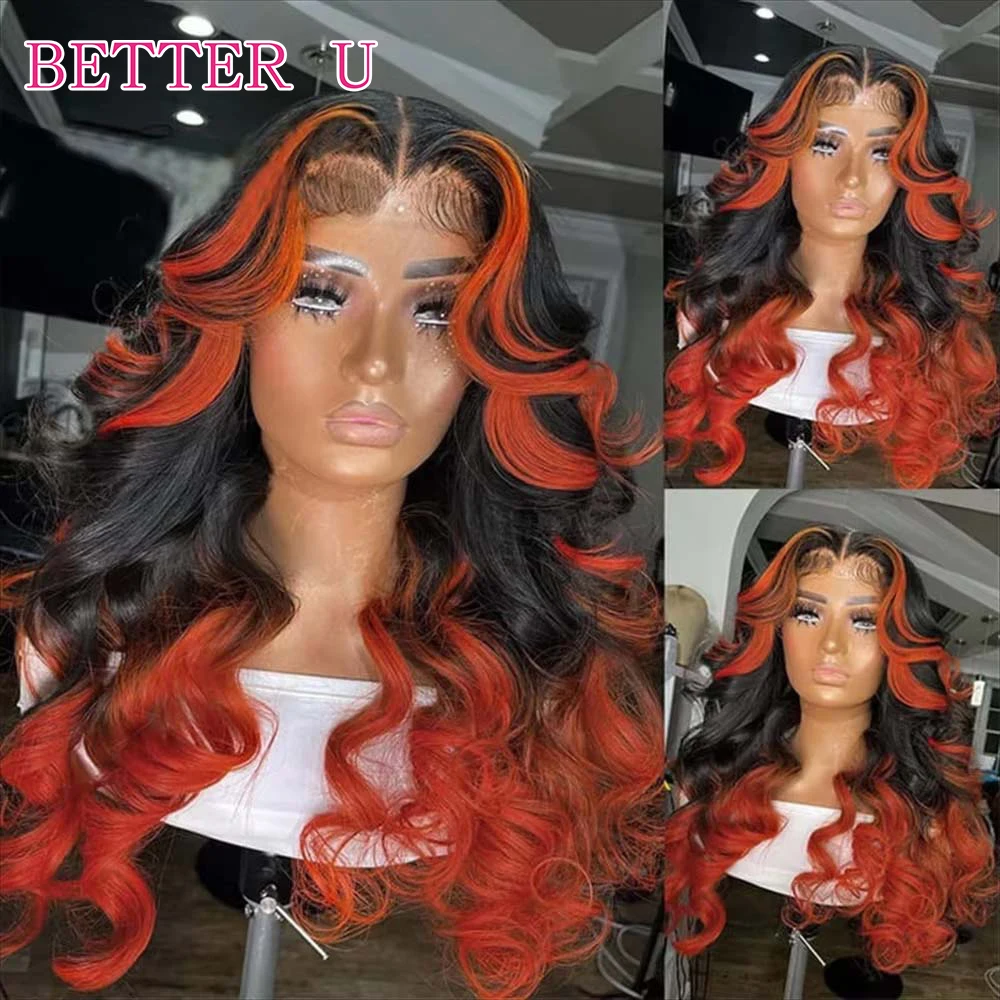 Ombre Black with Orange HD Transparent 13x6 13x4 Lace Front Human Hair Wig Body Wave PrePlucked Brazilian Human Hair Lace Wig