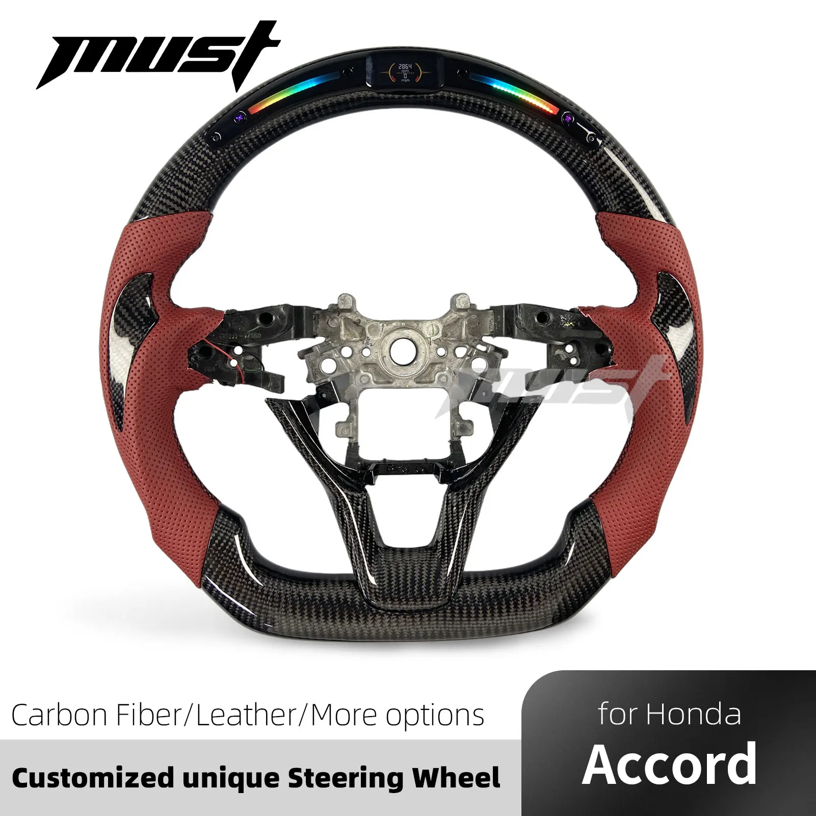 Custom LED Red Carbon Fiber Steering Wheel for Honda Accord 10th Generation LX Sport SE EX-L Touring Hybrid Odyssey 2018-2024