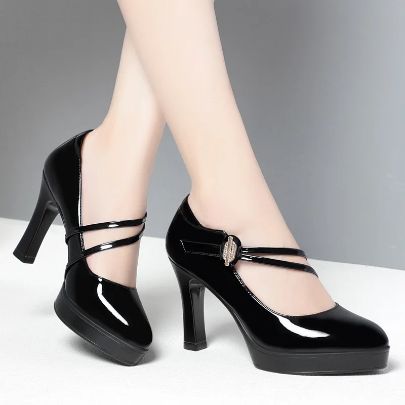 Women's Platform High Heels Fashion Buckle Black Pointed Toe Pumps Bombas De Mujeres Woman Ankle Strap Patent Leather Footwear