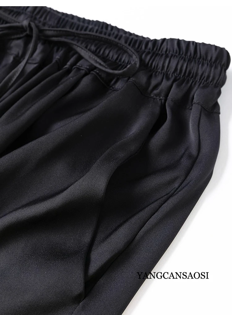 Vertical Naked Feeling 93% Natural Mulberry Silk Elastic Double Qiao Satin Elastic Waist Women's Fashionable Wide Leg Pants