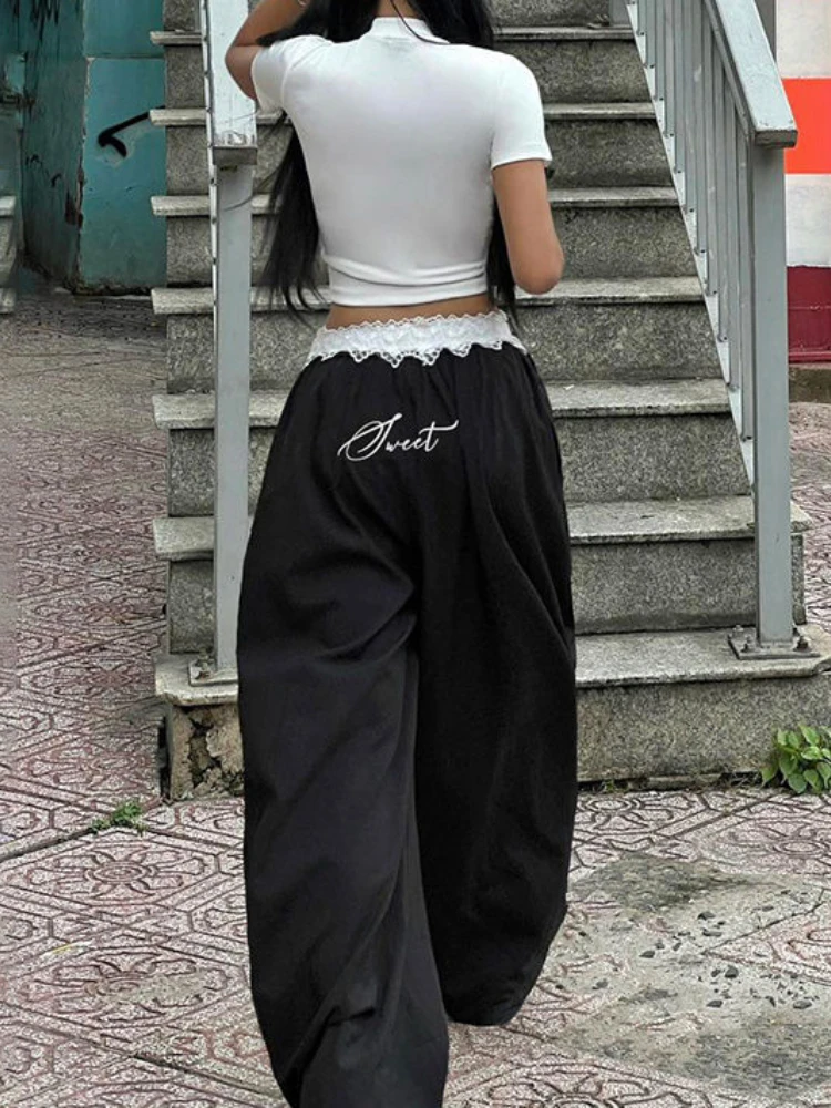 HOUZHOU Vintage Lace Patchwork Pants Women Y2k Streetwear Low Rise Wide Leg Trousers Korean Fashion Casual Black Baggy Pants