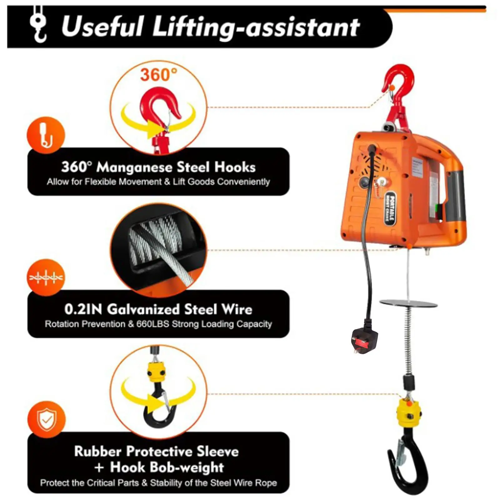 Electric Hoist Winch UK Adapter High Performance Rated Load 1102lbs with Remote Control 3 in 1 Cable Hoist for Garage Lifting