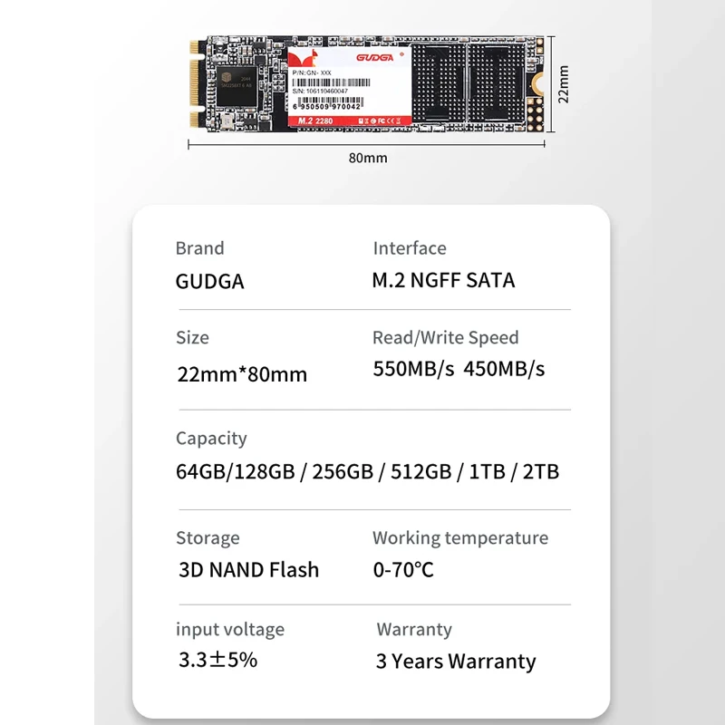 GUDGA M2 NGFF SATAIII SSD M.2 2280 мм 512 ГБ 1 ТБ 2 ТБ 4 ТБ 128 ГБ 256 ГБ Внутренний жесткий диск HDD SATA для настольных ноутбуков ПК Жесткий диск Аксессуар для хранения данных SSD 128 ГБ 500 ГБ 240 ГБ