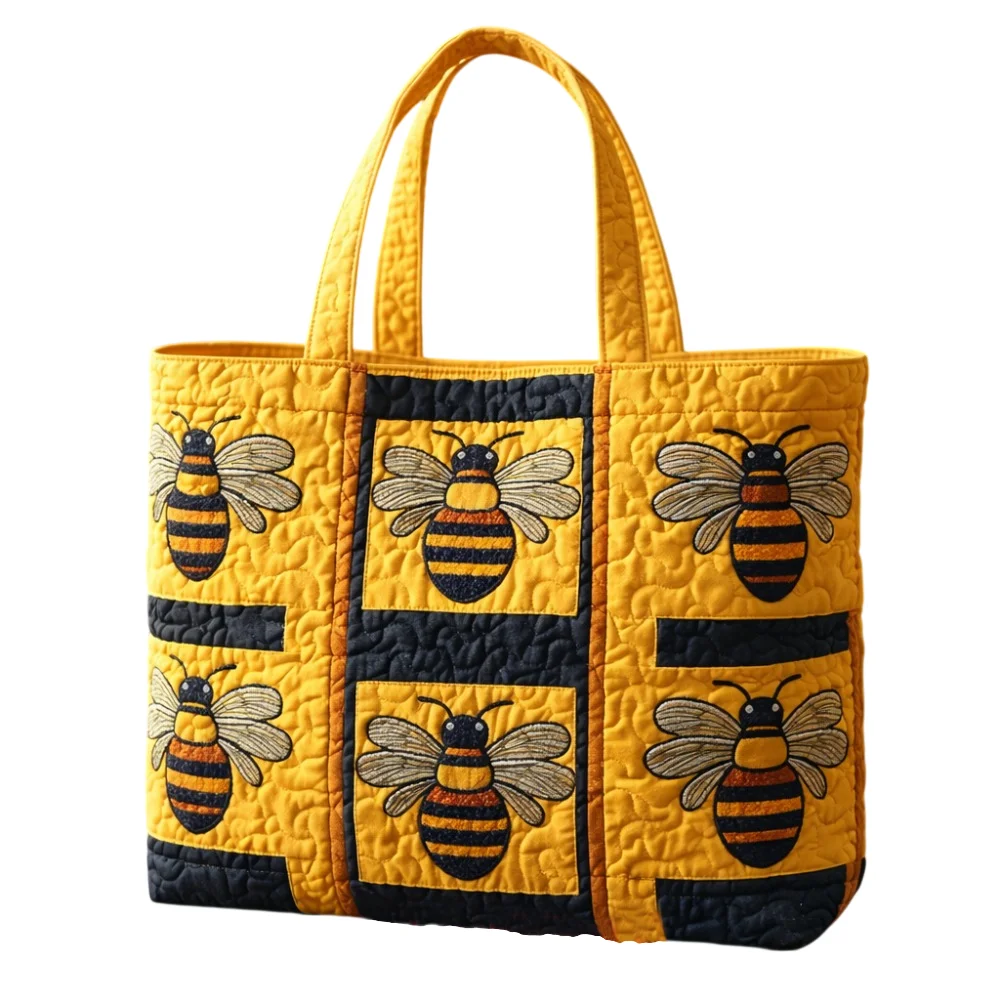 Vintage Patchwork Yellow Black Honey Bee Quilted Tote Bag Cute Handbag Sturdy Top Handle Bag for Daily Use