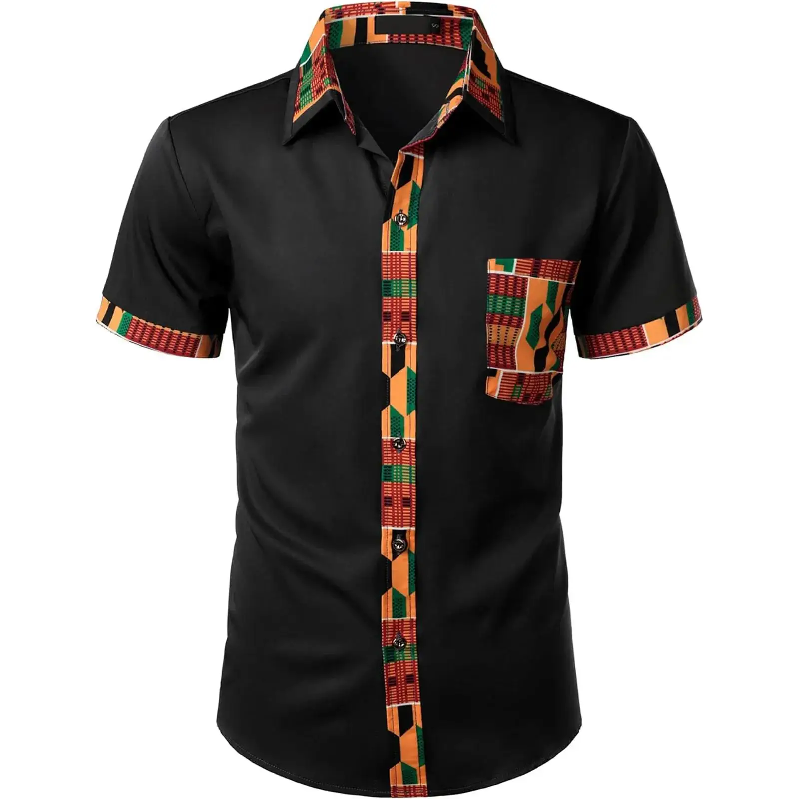 

Summer Men's Shirts Plaid Pockets Vintage African Printed Patchwork Short Sleeve Button Up Shirt For Men Casual Dress Shirts Top
