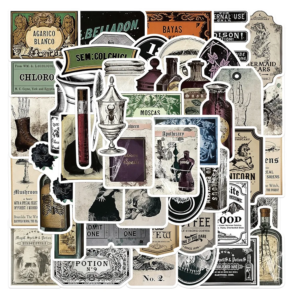 

50PCS Vintage Potion Bottle Labels Stickers Retro Horror Gothic Stickers For Suitcase Scrapbooking Laptop DIY Stickers