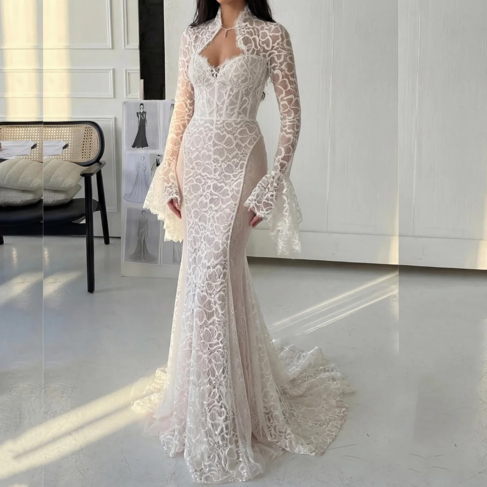 Maßgeschneidertes, temperamentvolles Hochzeitskleid mit langen Ärmeln, Meerjungfrauen-Stil, bodenlang, maßgeschneidert für besondere Anlässe, hochwertig, formell