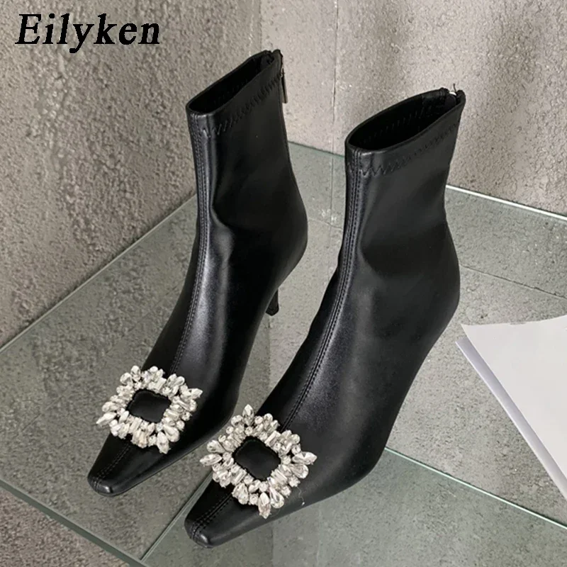 Eilyken 2025 Street Style CRYSTAL Buckle Pointed Toe Women Ankle Boots Zipper Low Heels Party Prom Female Shoes