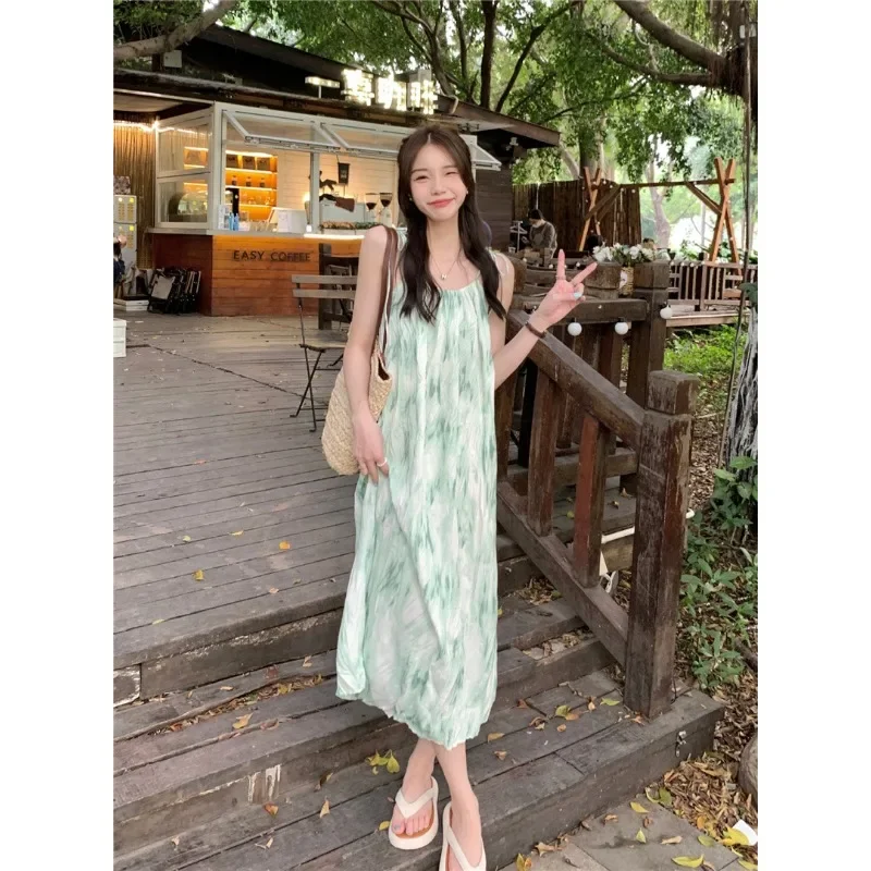 

Chic Summer Dress Women's Midi Length Strap Loose Print Dresses Korean A-Line Long Dresses Bohemian Vestidos Y2k Платье 원피스