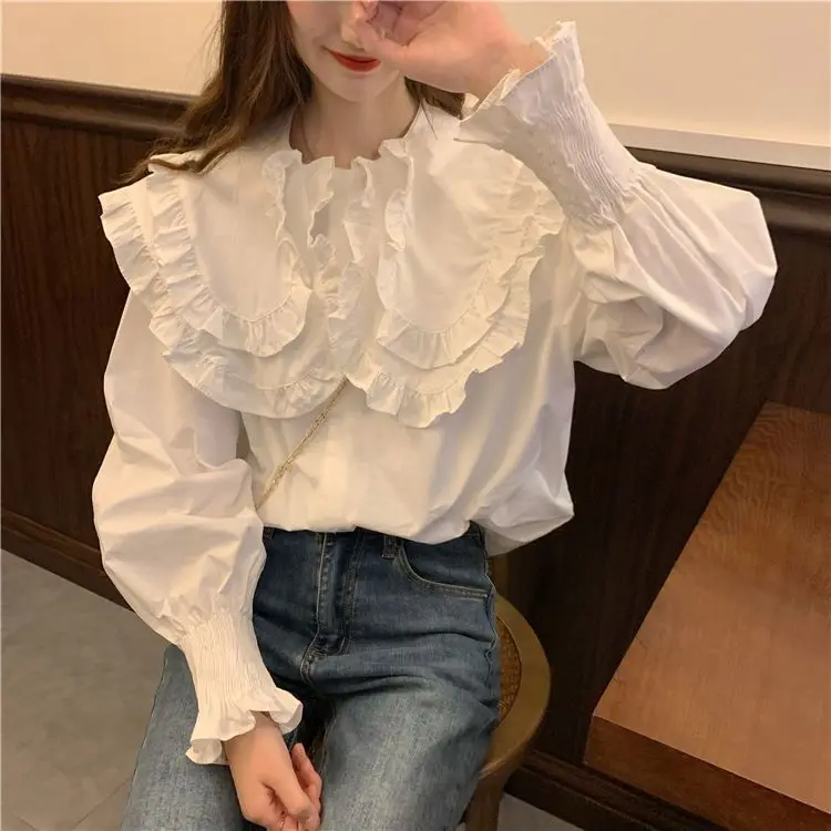 Sweet Fresh and Cute Ruffled Doll Collar Long Sleeve Shirt for Women
