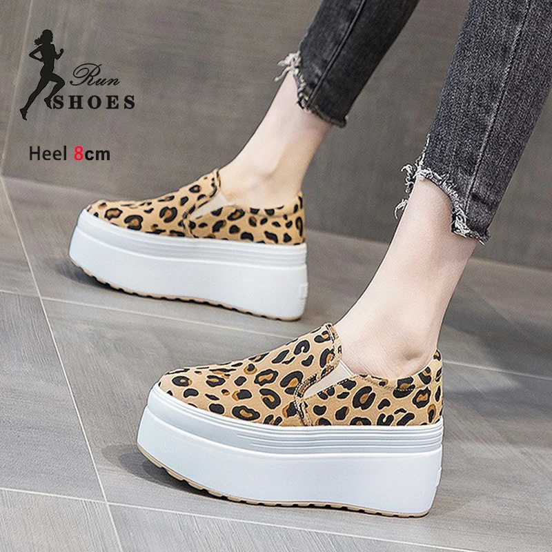 Damskie buty płócienne o niskim kroju Moda Leopard Print Gruba podeszwa Kobiece buty codzienne 8CM Komfortowa platforma Trampki na zewnątrz