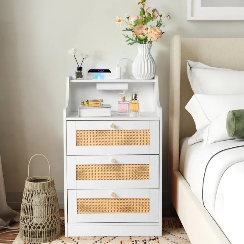 

Nightstand with Wireless Charging Station for Bedroom, Bedside Table Night Stand with Hutch and Storage Drawers