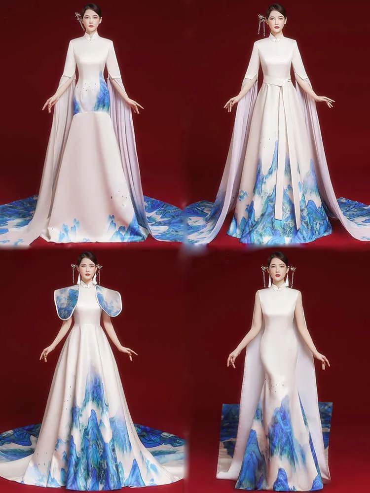 Lady Model Walking Gorgeous Cheongsam Guzheng Performance Art Examination Vocal Leading Singer Costume Anchorwoman Formal Dress