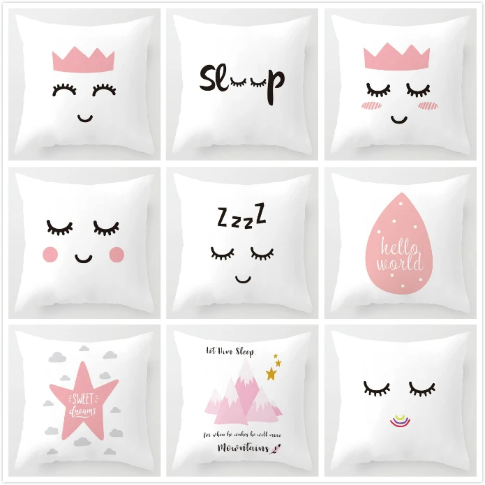 Nordic Children Cushion Cover  Pink Crown Eyelash Cartoon Smile Sleep Sweet Eyelashes Cute Pillow Case Mountain For Room Decor