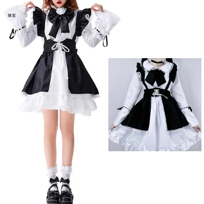 

X5QE Japanese Anime Maid Dress Outfit Cosplay Costume Set Sweet French Apron with Headband Coffee Shop Uniform