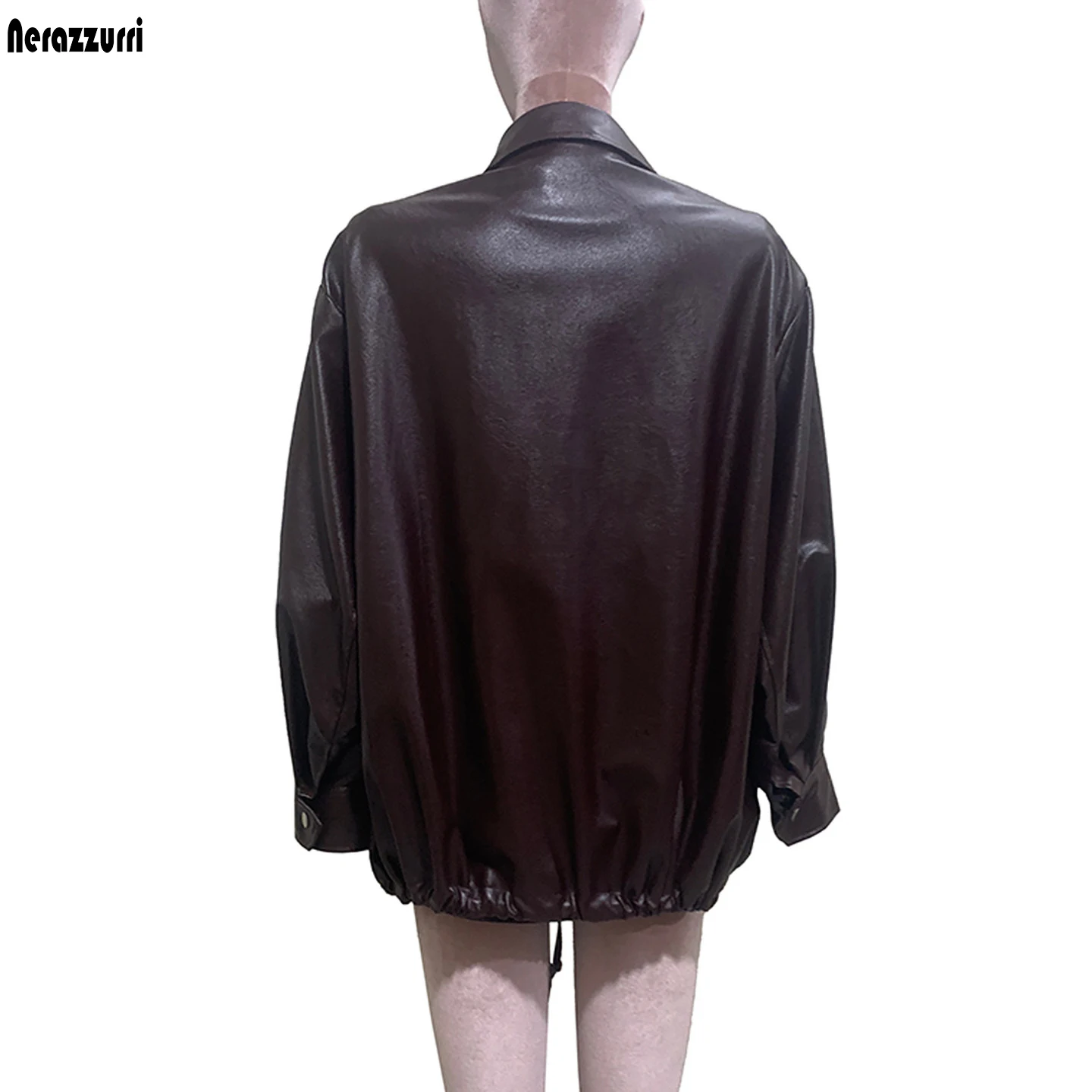 Nerazzurri Autumn Oversized Brown Soft Pu Leather Jacket Women Zipper Turn-Down Collar Loose Casual Korean Fashion Clothes 2026