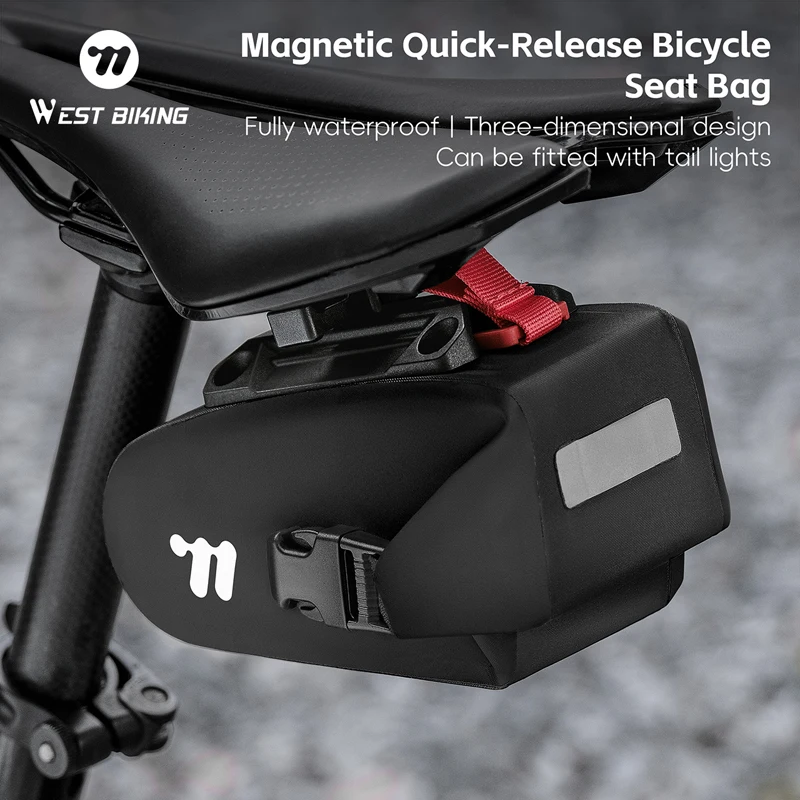 WEST BIKING Sacoche de selle magnétique à dégagement rapide pour vélo, entièrement étanche en PVC, sacoche arrière réfléchissante et stable, sacoche de rangement pour outils de vélo, accessoires de cyclisme