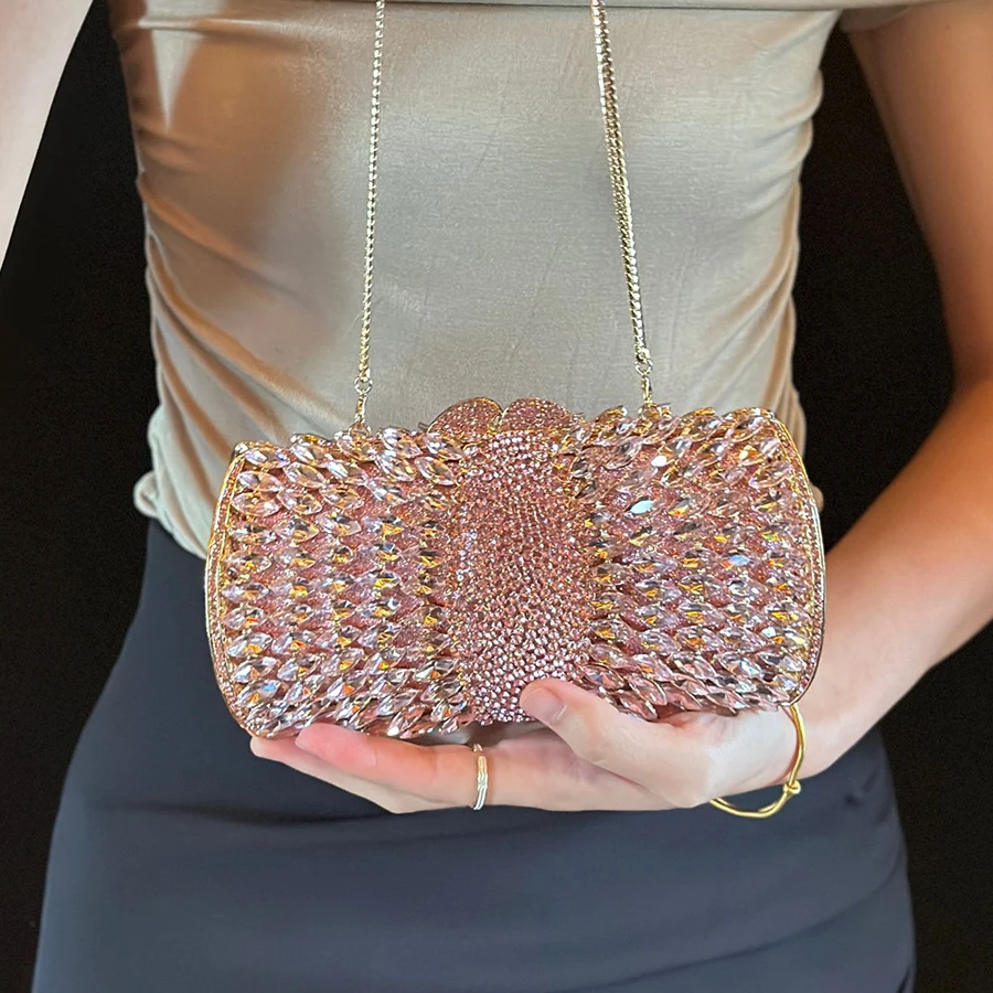Hollow Diamond Dinner Party Clutch Women's Bag Diamond Water Cosmetic Pink Gem Oval Evening Purse Chains Shoulder Bags For Women