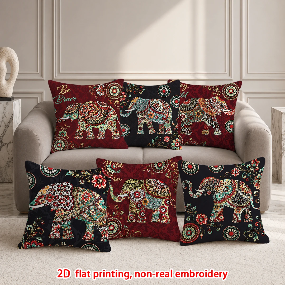 1pc Bohemian Elephant Decorative Throw Pillow Covers, Vintage Floral Paisley Cushion Cases for Sofa Bedroom Living Room