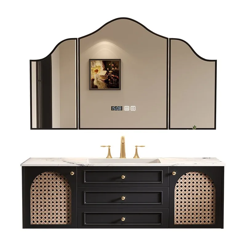 

French retro rattan bathroom cabinet combination oak wash basin ceramic integrated hot bending bathroom toilet washstand