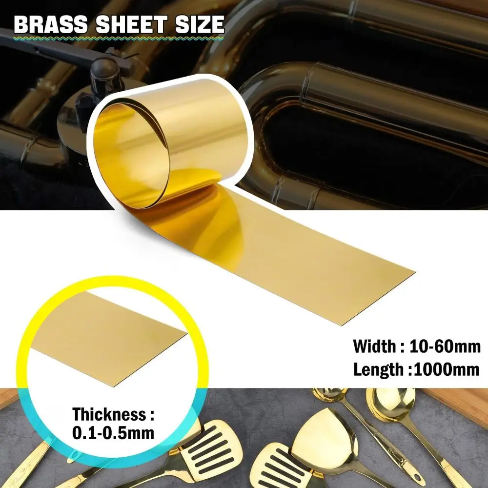Brass Sheet Brass Flat Thick 0.1-0.5mm Width 10-60 mm Brass Metal Thin Sheet Foil Plate Length 1000mm