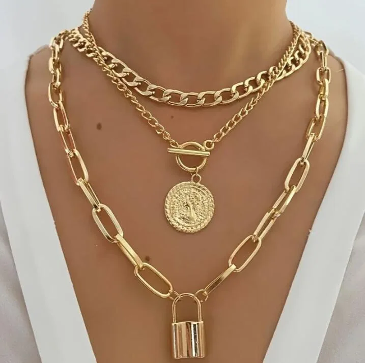 3 Layer Women Necklace Set Embossed Round Medallion Pendant Adjustable OT Clasp Premium Lightweight Elegant Charm