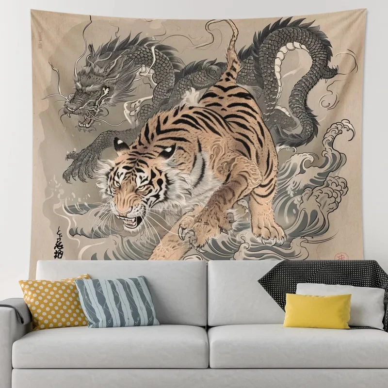 VIKAMA Dragon & Tiger Ukiyo-e Tapestry, Japanese Mythical Creatures Wall Hanging for Bedroom, Living Room & Home Decor
