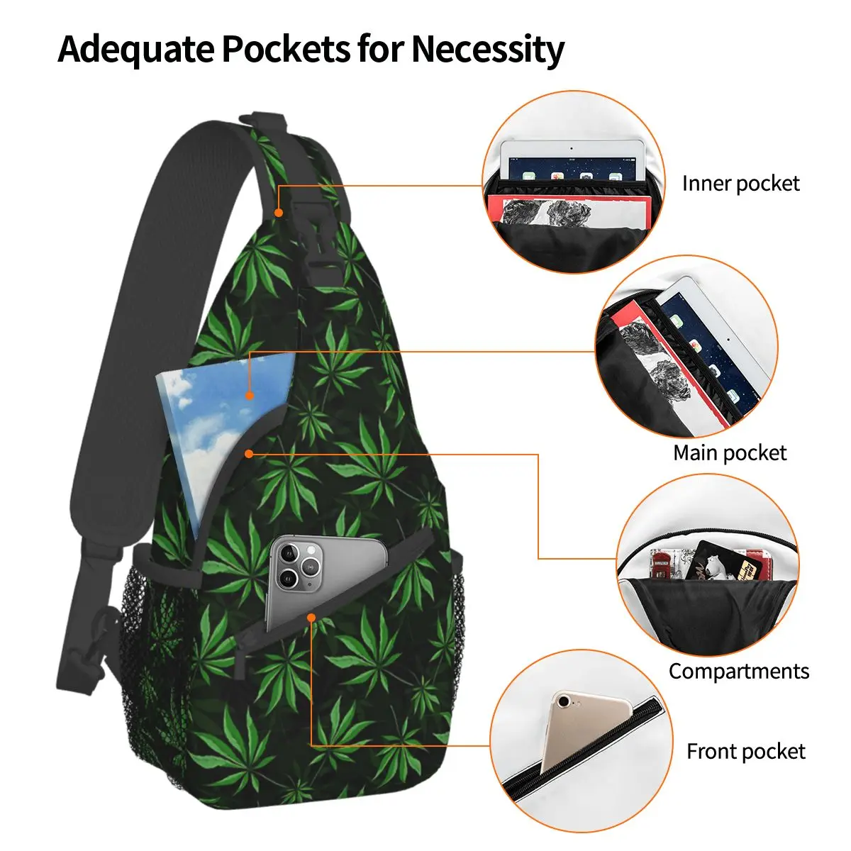 Green Leaf Crossbody Chest Bags Pockets Travel Pack Messenger Sports Teens Shoulder Bag Unisex