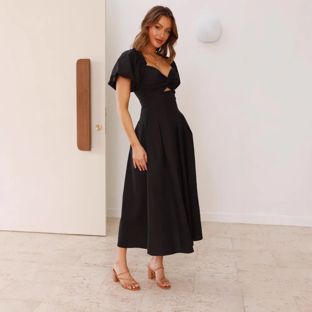 Women New Solid V-Neck Puff Sleeve Maxi Dress Slim Fit Long Dress Elegant Soft Breathable Flattering Daily Party Vacation Comfy