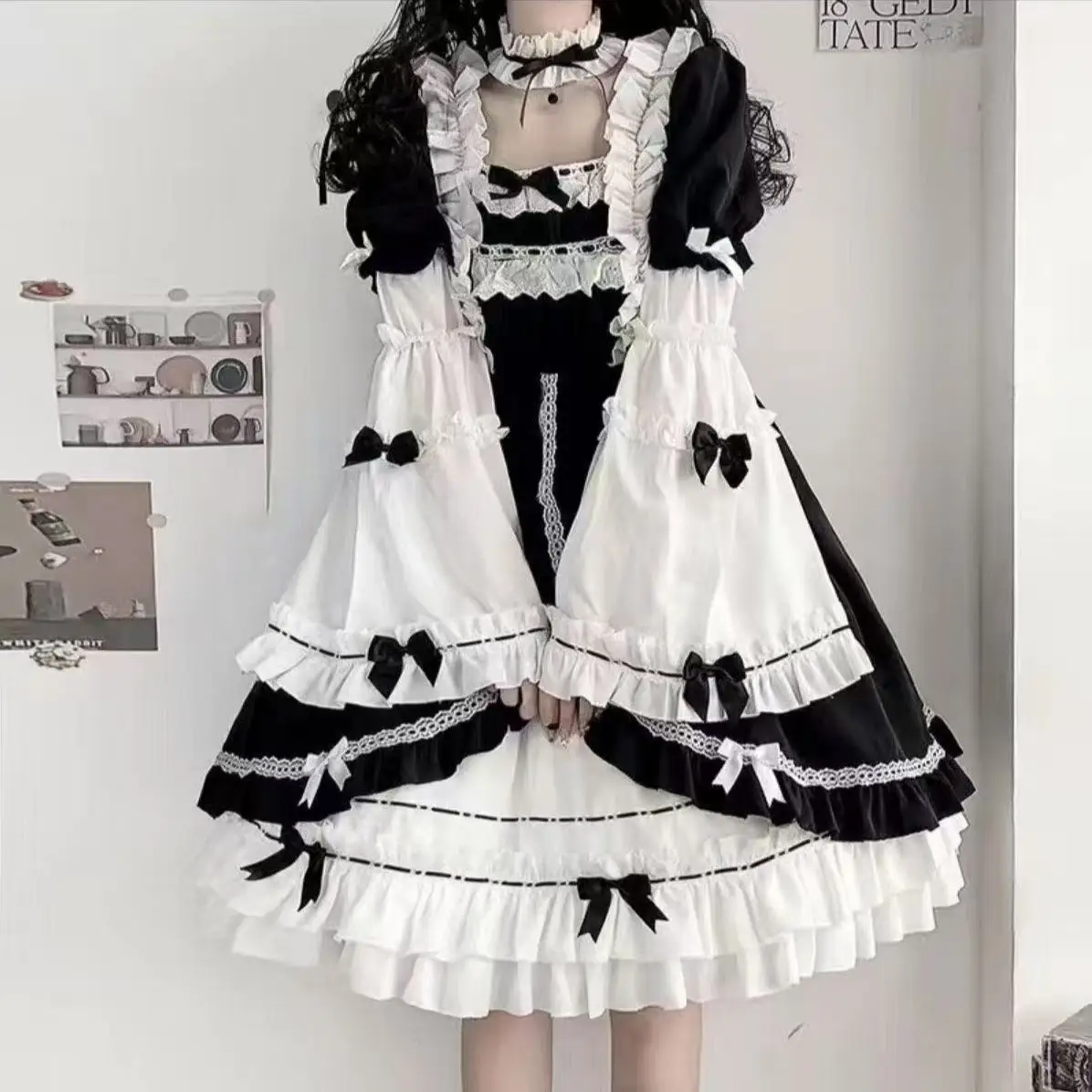 Classic Princess Cosplay Costume Girls Detachable Large Sleeve Bowtie Dress Vintage Street Heavy Industry Women Lolita