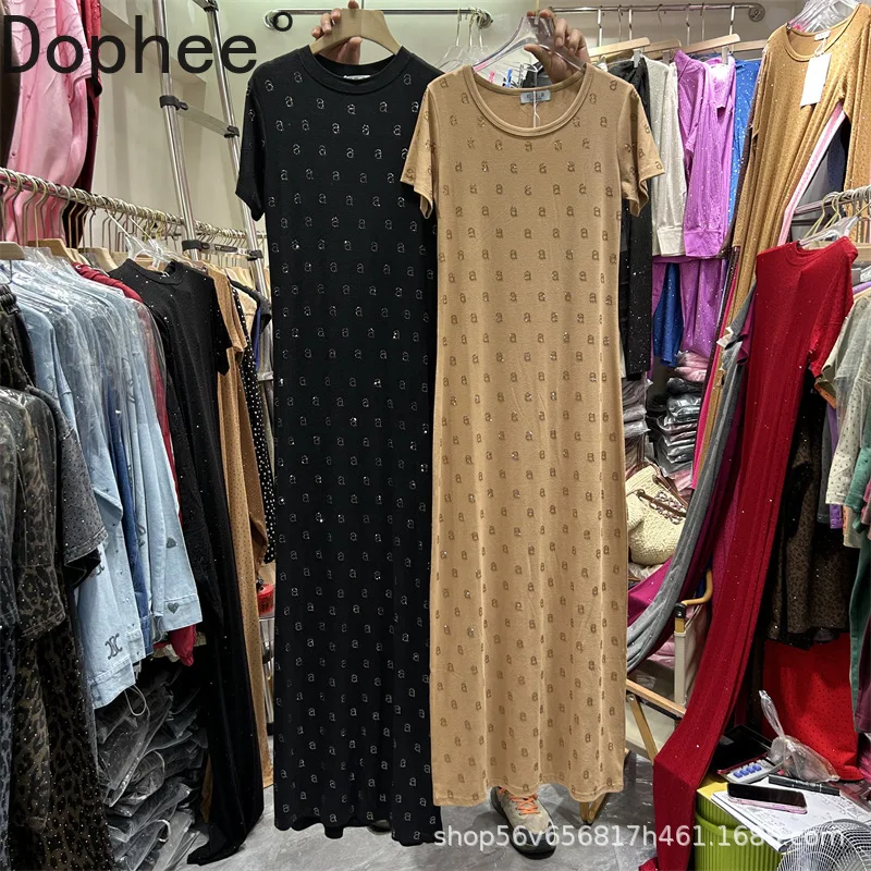 

Trendy Shiny Letters Hot Drilling Ultra Long Dress Women New Spring Summer O-neck Pullover Top High Stretch Slimming Basic Dress