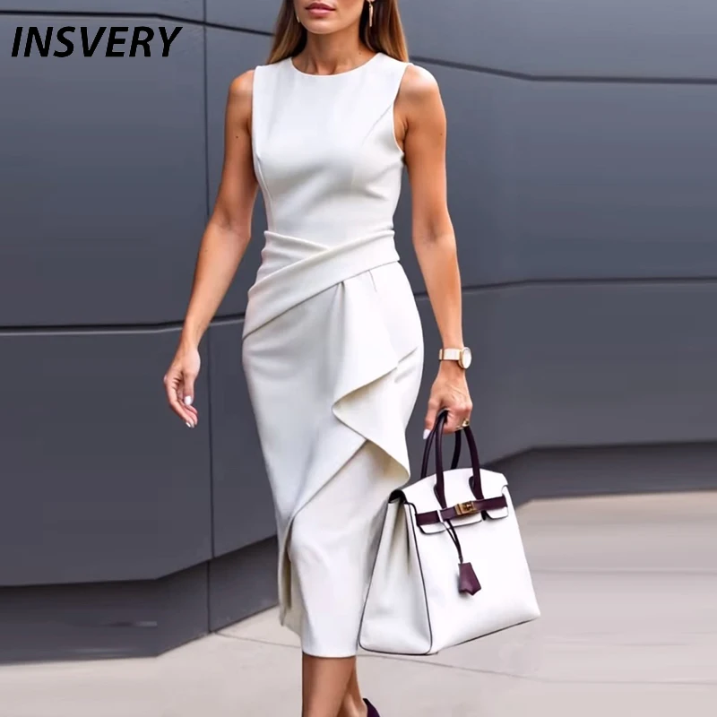 エレガントなノースリーブミディドレス女性の夏のファッション女性オフィスドレス O ネック非対称固体パーティードレス 2025