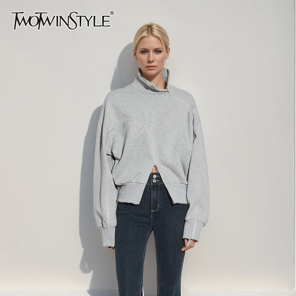 TWOTWINSTYLE Solid Pullover Streetwear Sweatshirts For Women Tuntleneck Long Sleeve Patchwork Zipper Sweatshirt Female Fahion