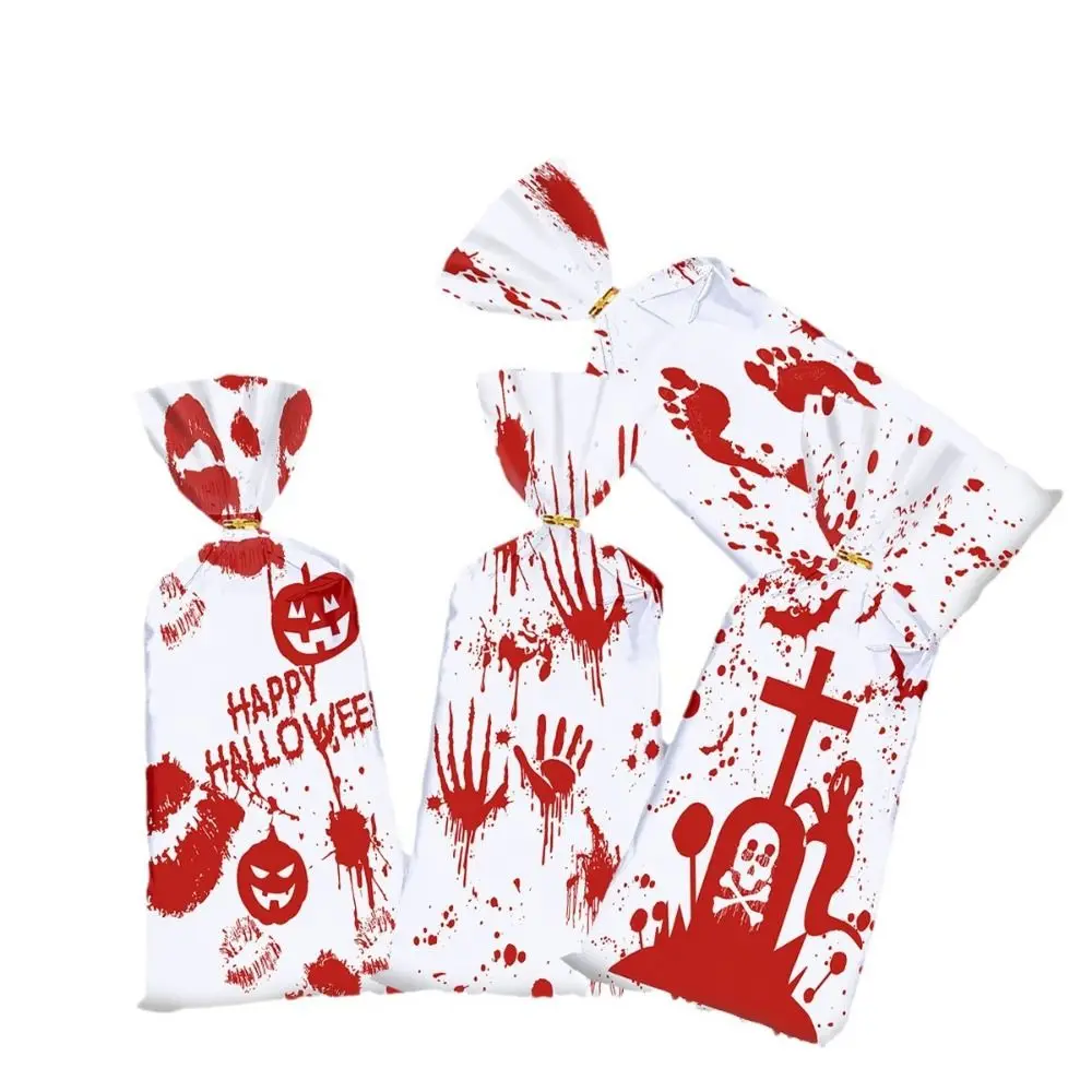 50PCS White&Red Halloween Gift Bag with Ties Bloody Fingerprint Candy Cookies Bag Dust-proof OPP Flat Open Top Bag Halloween