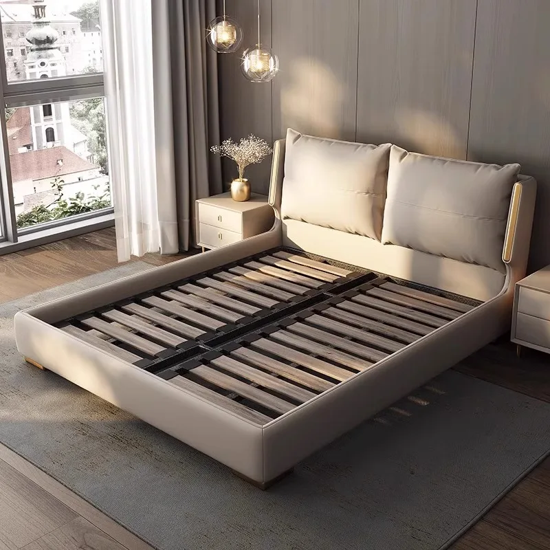 سرير جلدي صامت فاخر وخفيف الوزن وحديث وبسيط من الخشب الصلب الأوروبي وغرفة نوم رئيسية مزدوجة في الغلاف الجوي #4