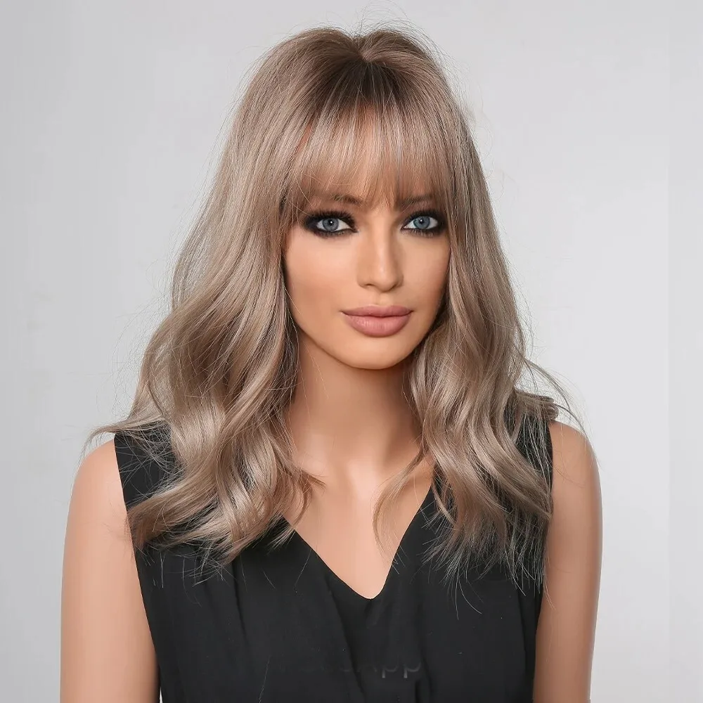 

Medium Length Light Brown Wavy Synthetic Wigs with Bangs for Africa American