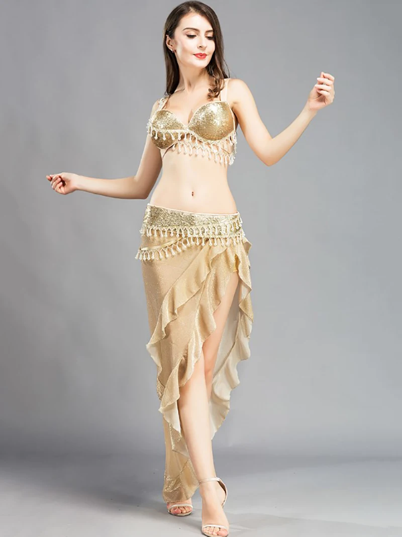 Disfraz de danza del vientre dorado para mujer, traje de práctica de diamante Flash de malla, traje de baile oriental, ropa de baile de Grupo de Práctica de fiesta clásica