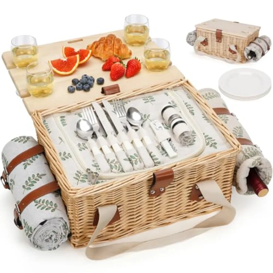 

Picnic Basket for 4 Handmade Wicker Picnic Set with Folding Table and Waterproof Blanket Large Insulated Picnic Basket with Win