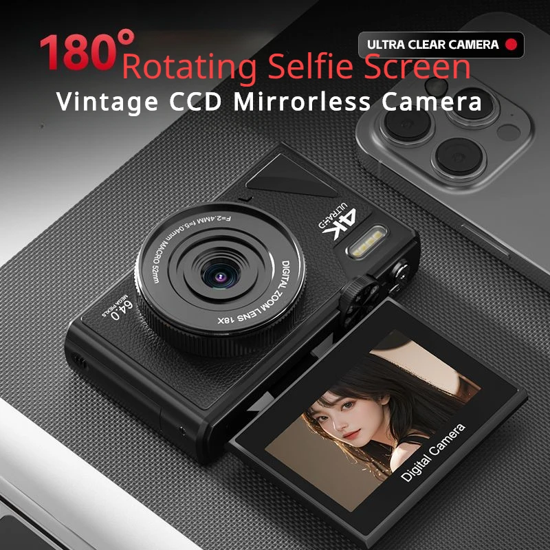 6400MP High-Definition Vintage CCD Mirrorless Camera with 180-Degree Rotating Selfie Screen