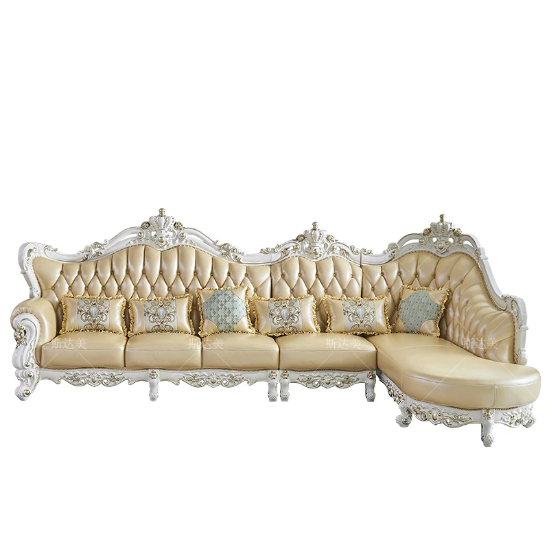 

European leather sofa living room luxury solid wood carving flower size apartment corner crown princess sofa combination set