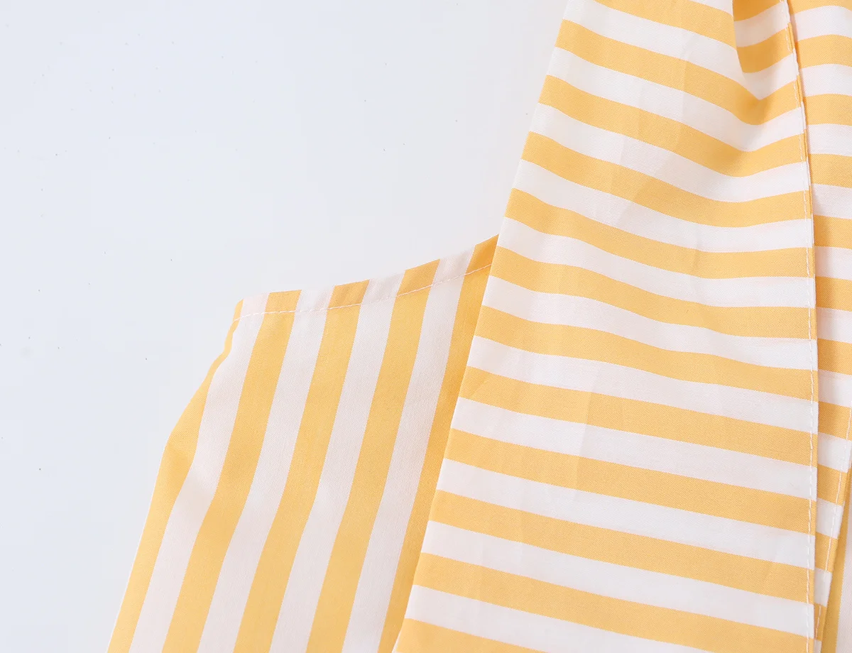 HH Damen Sommer Gelb-Weiß Gestreiftes Neckholder-Top mit Schleifenkragen Ärmellose Bluse mit Bubbel-Saum, Lässige Strand- und Alltagskleidung – Detail 6