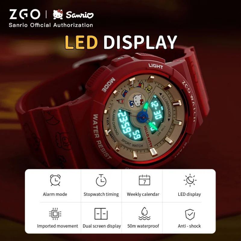 Reloj Digital ZGO Sanrio Hello Kitty para mujer, reloj electrónico rojo multifuncional deportivo resistente al agua para regalo de estudiantes 8573