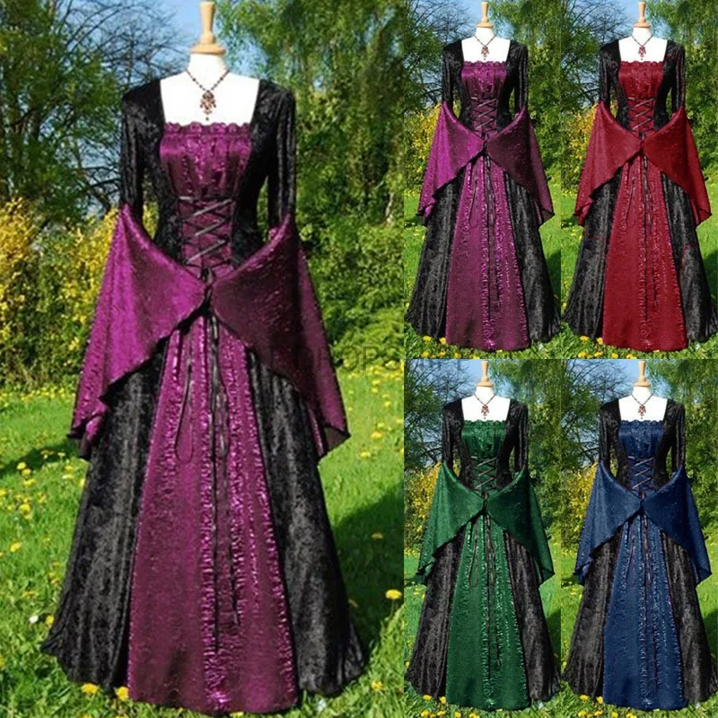 Women Medieval Retro Palace Style Court Dress Eleagance Lace Splice Long Sleeve Square Collar Floor-Length Ball Party Vestido