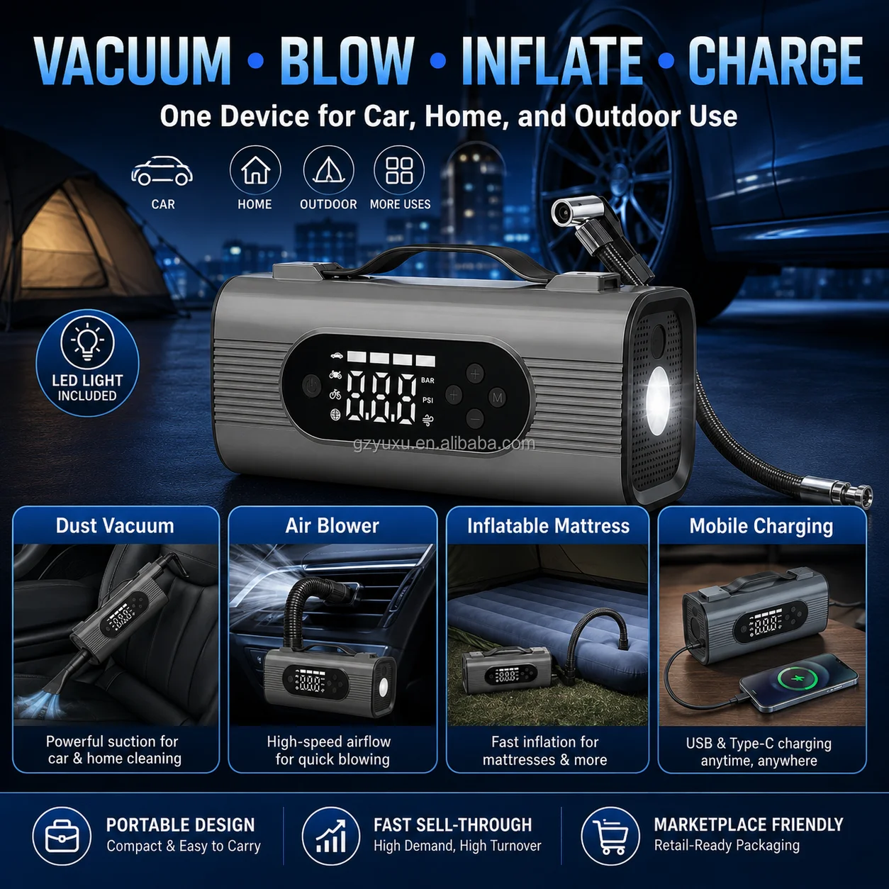 1000A Fast Charging Multi Function Car Jump Starter Air Pump Vacuum Cleaner Power Bank for Cars Trucks SUV Motorcycle