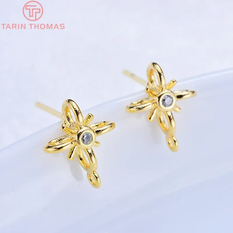 (2207)6PCS 11x9MM 24K Gold Color Brass with Zircon Flower Stud Earrings High Quality Diy Jewelry Findings Accessories