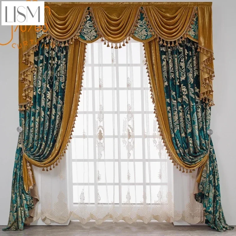 Customized American Blue-green Cut Velvet Embroidery Splicing Velvet Curtains For Living Room Bedroom French Window Balcony