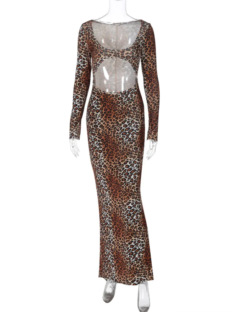 Mozision Leopard Print Long Sleeve Sexy Maxi Dress For Women Fashion Hollow Out Bodycon Printed Sexy Long Dress Elegant