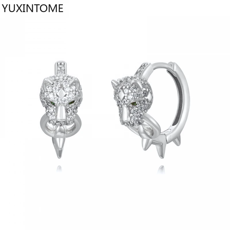 925 Sterling Silver Needle Leopard Head Crystal Hoop Earrings For